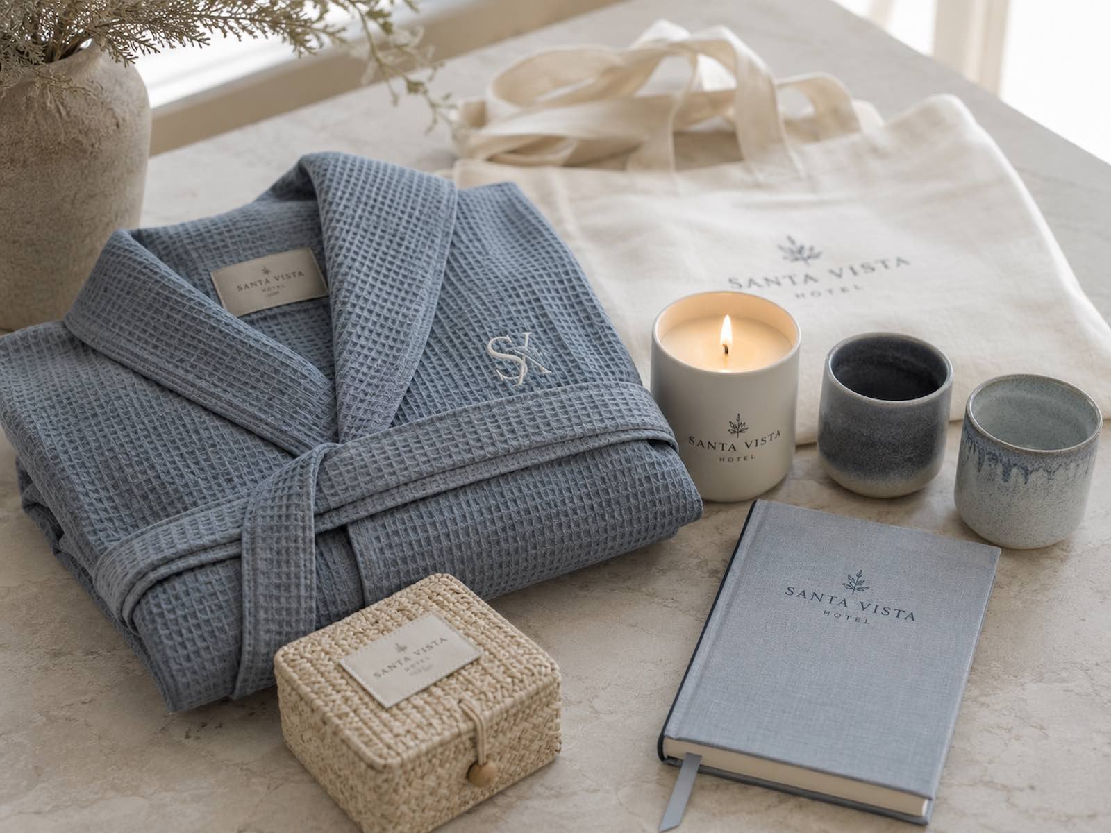A curated arrangement of custom boutique-hotel merchandise, including robes, candles and branded keepsakes